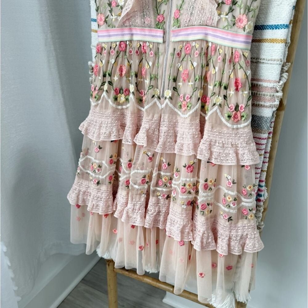 Needle & Thread Lattice Rose Embroidered Frill Sleeveless Mini Dress Women’s 2 - Picture 9 of 15
